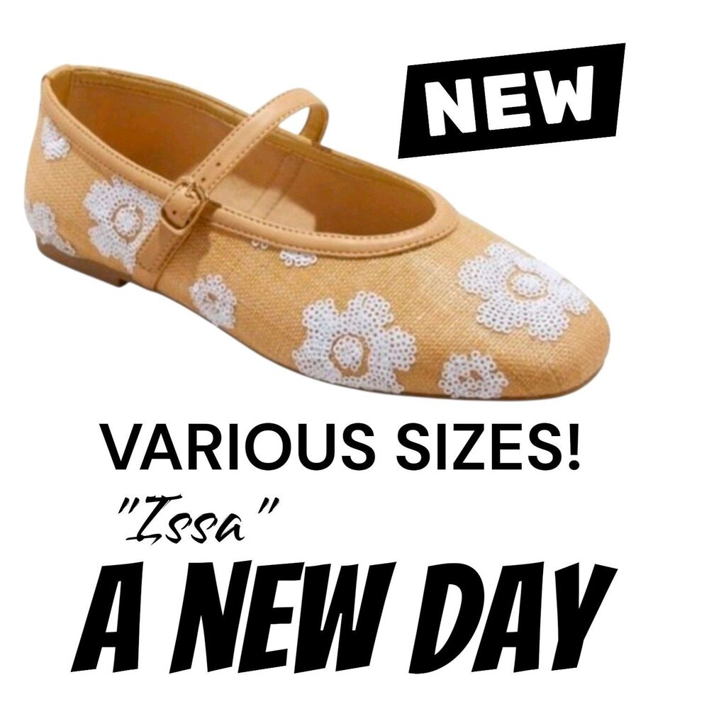 A New Day Issa NWT Tan w/Floral Sequin Mary Jane Buckle Ballet Flats Boho Work
